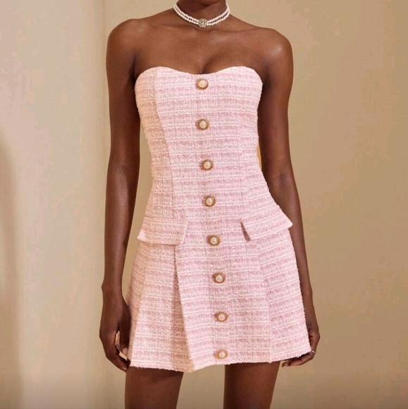 Dresses & Skirts - Pink Strapless Multi Tweed Mini Dress Women Autumn Elegant Wear Button Resort